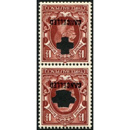 327 - 1½d SG 441 Vertical PAIR OVPT 'CANCELLED' TYPE 33p, (showing TWO DIFFERENT SIZES OF PUNCH) U/M & unu... 