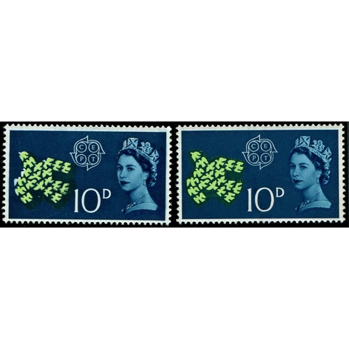 340 - 1961 CEPT 10d SG 628 SHIFT OF 'PALE-GREEN' TO RIGHT L/H tips of bird's feathers white)