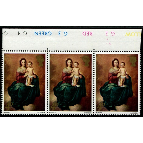 348 - 1967 Xmas 4d SG 757 VARIETY, SMUDGING OF 'GOLD' (QUEEN'S HEAD) on strip of three U/M top marginal. U... 