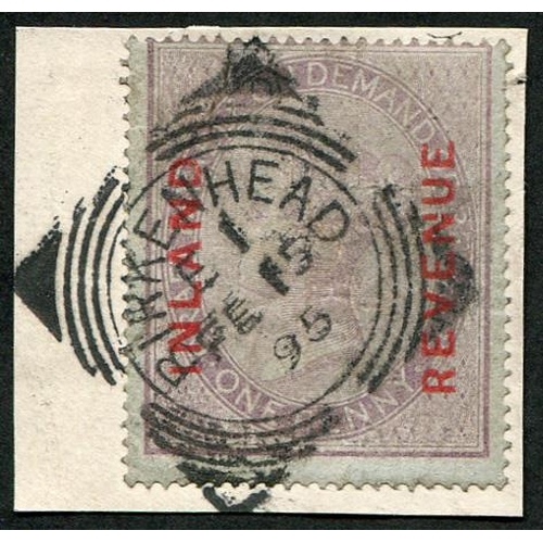 367 - 1860 1d SG F8 OVPT 'INLAND REVENUE' IN RED, FU, 'Birkenhead.1895' sq.circle CDS tying to small piece... 