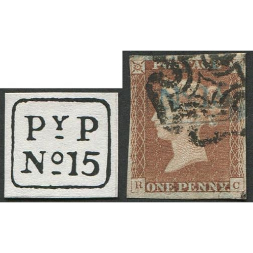 8 - 1d Pl.25 (Slate 1 'RC') 'PY.P,No.15' BOX CANCEL IN BLUE (Birmingham) on top of black MX, good 3½ mar... 