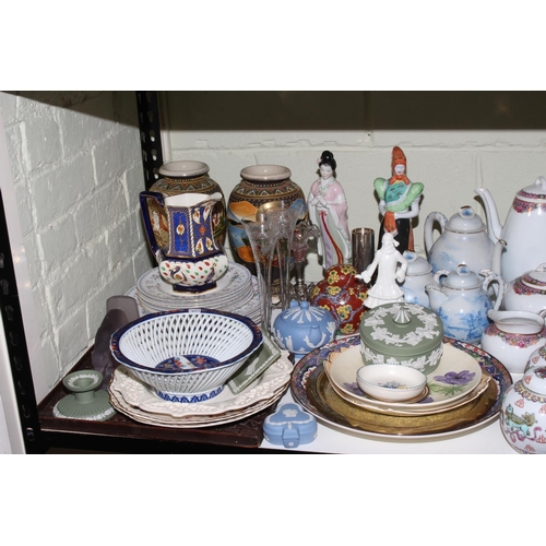 107 - Pair of Oriental vases, figures, three pieces blue and white eggshell tea set, pair of ginger jars, ... 