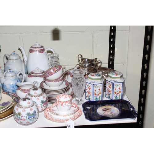 107 - Pair of Oriental vases, figures, three pieces blue and white eggshell tea set, pair of ginger jars, ... 