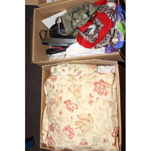 115 - Six boxes of lace and linen, Durham quilt, Paisley throw, head scarfs, Glenalmond tweed bag, clothin... 