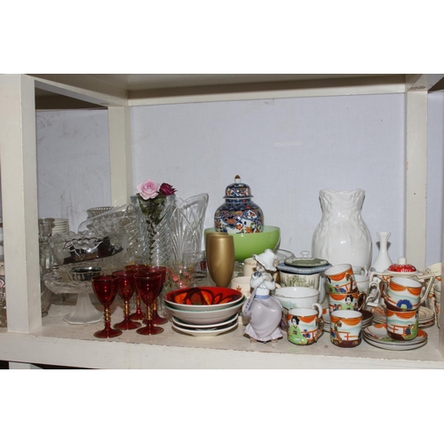 116 - Full shelf of glass and china including Elizabethan white tableware, Lilliput Lane cottage, Swarovsk... 