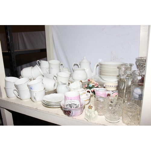 116 - Full shelf of glass and china including Elizabethan white tableware, Lilliput Lane cottage, Swarovsk... 