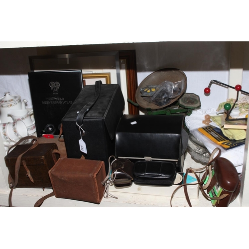 117 - Vintage cameras and accessories, kitchen scales and weights, AA badge, linen, inlaid tray and Indian... 