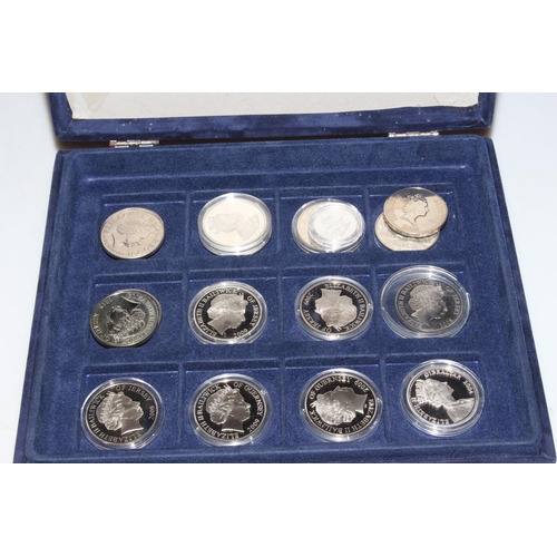 143 - Three coin boxes containing 1822 Geo. IV Crown, 3 x 1oz .999 silver coins, seventeen £5 coins, set o... 