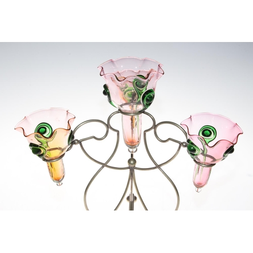 170 - EP and glass table centre epergne with central flute and three branched flutes, 32cm high.