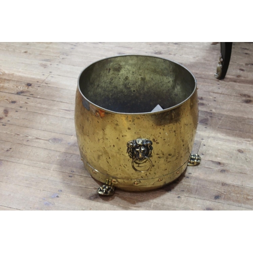 171A - Brass coal cauldron with lion mask handles and paw feet, 34cm by 41cm diameter.