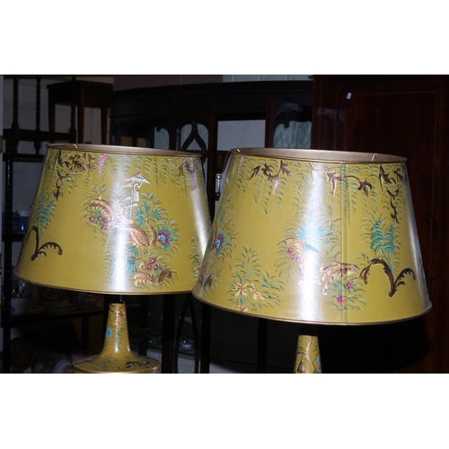 174 - Pair of as new 'Japanned' yellow table lamps with shades, 78cm high