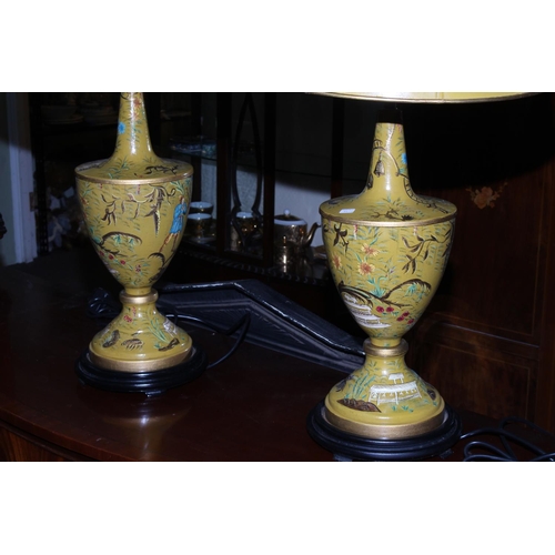 174 - Pair of as new 'Japanned' yellow table lamps with shades, 78cm high