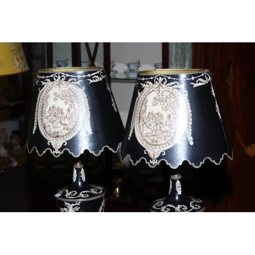 175 - Pair of as new Classical design black table lamps with shades, 55cm high