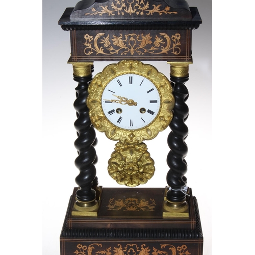 176 - 19th Century French marquetry and ebonised portico clock, 21 by 11 by 49cm