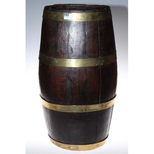 180 - Oak and brass bound coopered barrel stick stand, 60cm.