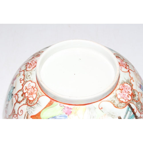 201 - Large antique Chinese polychrome bowl, with exterior overall decoration of family figures in setting... 