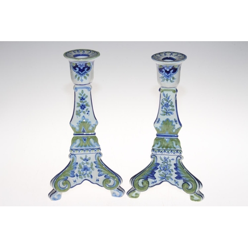 26 - Good tray lot with pair Continental Delft pottery candlesticks, two ornate ewers, and two Art Nouvea... 