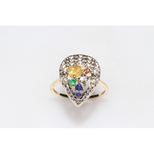 262 - 9 carat yellow gold Harlequin ring set with tanzanite, opal, emerald, sapphire and zircon, size S, w... 