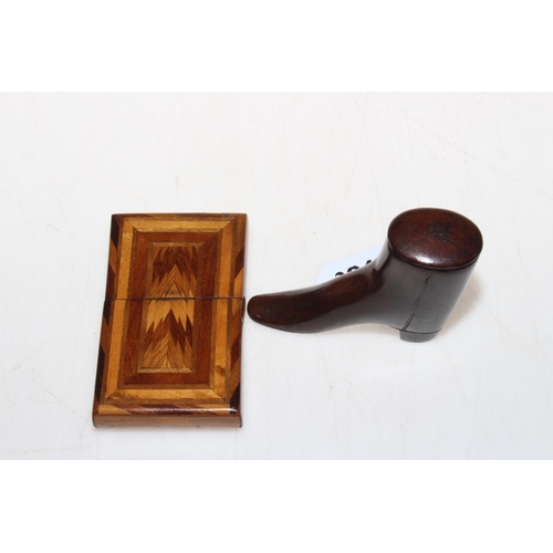 301 - 19th Century treen boot snuff box 8.5cm length, and, parquetry card case (2).