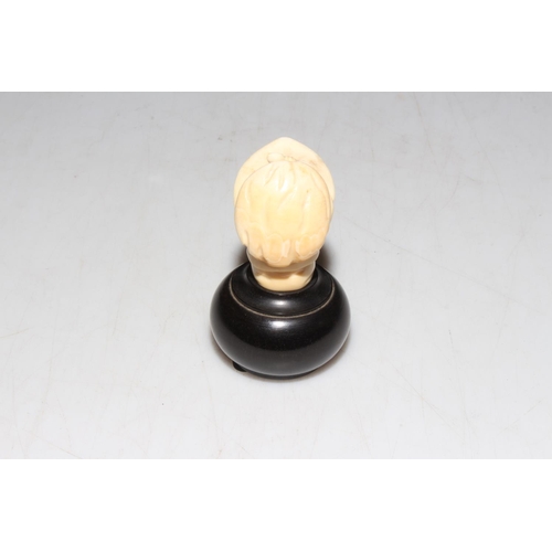 312 - Late 19th Century carved ivory head of Dickens character Mrs Gamp, on bulbous base with name inset, ... 