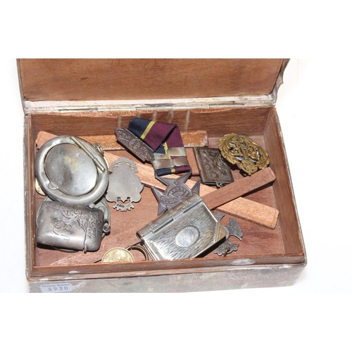 356 - Silver cigarette box with miscellaneous contents including silver vesta, two medallions and stamp ho... 