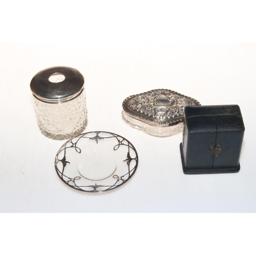 357 - Silver and enamel mounted scent bottle, London 1929, silver topped trinket jar and hair tidy, four m... 