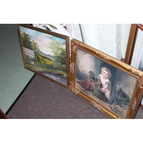 377 - Large collection of pictures and mirrors including rosewood framed needlework, still life watercolou... 