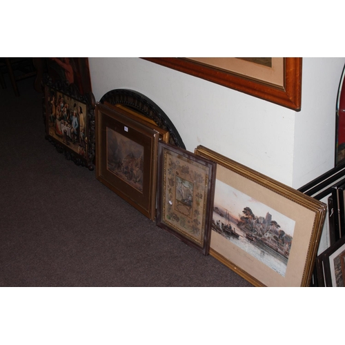 381 - Large collection of pictures and mirrors including hunting prints, ornate framed prints, etc.