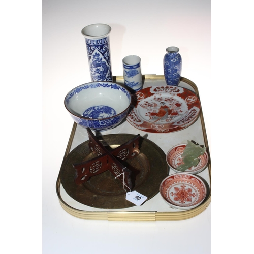 40 - Tray lot with Oriental ceramics including Blanch de Chine figures, blue and white and brass dish wit... 