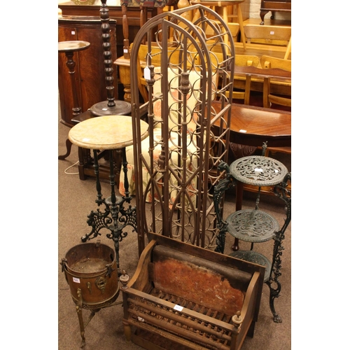 412 - Granite topped and cast plant stand, two door arched top metal wine rack, cast three tier pan stand,... 