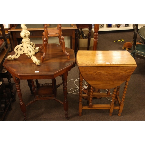 413 - Late Victorian walnut octagonal occasional table, twist column triform plant stand, later plant stan... 