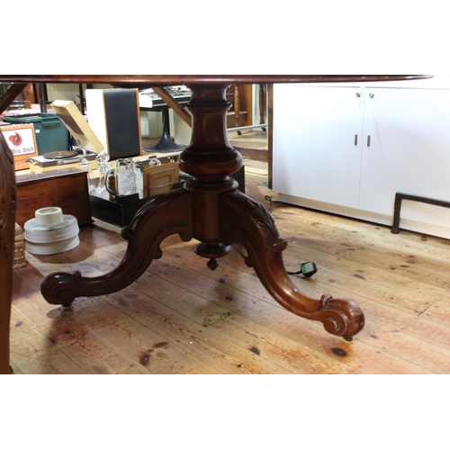 440 - Victorian mahogany circular snap top breakfast table on tripod base, 122cm diameter.