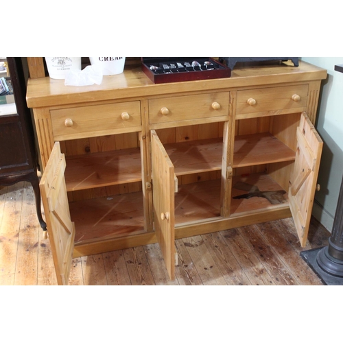 448 - Waxed pine shelf back dresser, 219cm by 151cm by 54cm. Condition: Stain to interior cupboard base ot... 