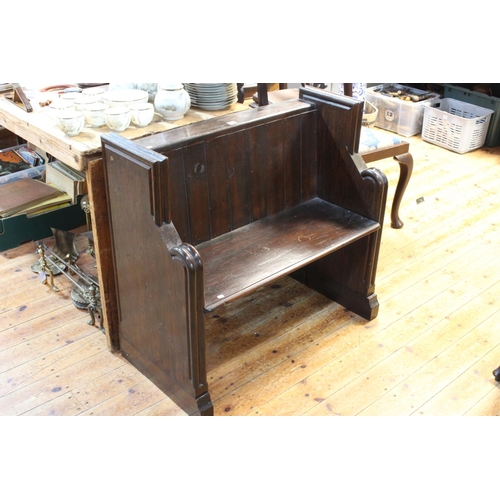 450 - Victorian stained oak church pew, 84cm by 91cm by 46cm. Condition: Slightly loose in joints.