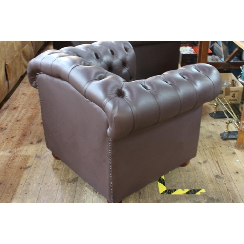 454 - Brown deep buttoned leather Chesterfield chair, 85cm by 101cm by 82cm, (slight paint flecks).