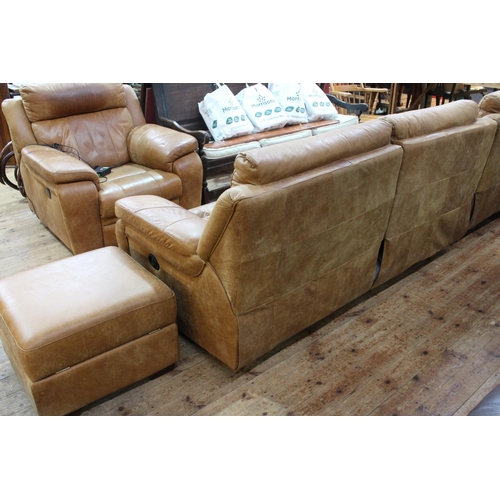 455 - Barker & Stonehouse tan leather four piece lounge suite comprising two reclining settees, one electr... 