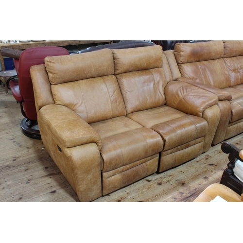 455 - Barker & Stonehouse tan leather four piece lounge suite comprising two reclining settees, one electr... 