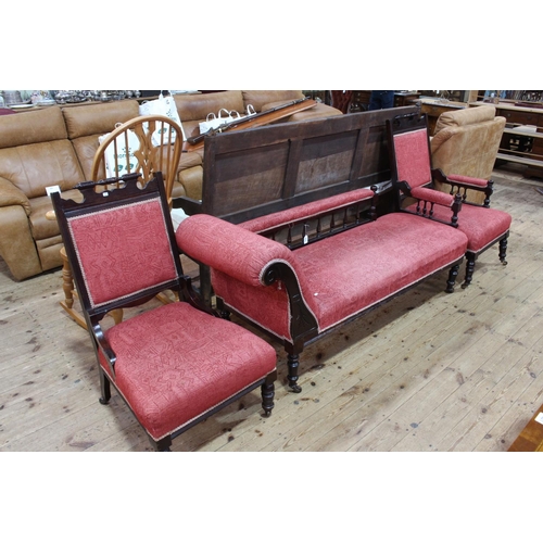 458 - Late Victorian three piece parlour suite comprising chaise longue, gents and ladies chairs.