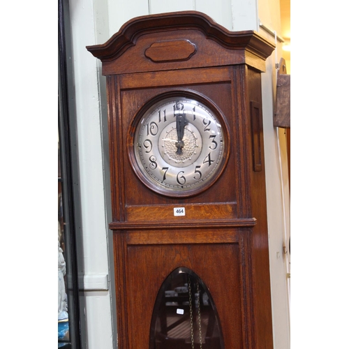 464 - 1920's Oak double weight longcase clock, 211cm high. Condition: Pendulum door warped.