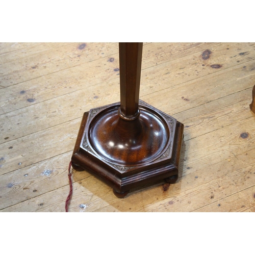 488 - 1920's/30's Art Deco mahogany standard lamp having tapered hexagonal column on hexagonal base and si... 