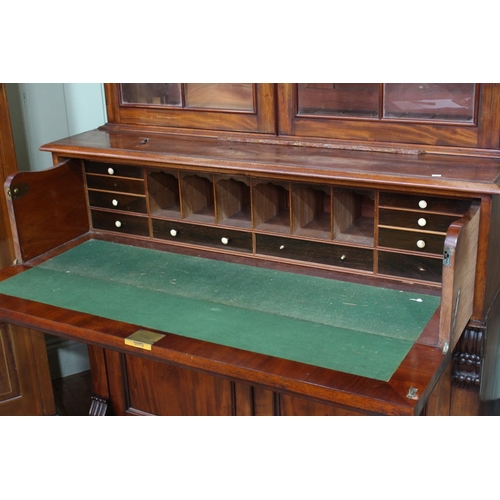 490 - 19th Century mahogany secretaire bookcase, the glaze top above a fall front secretaire and double do... 