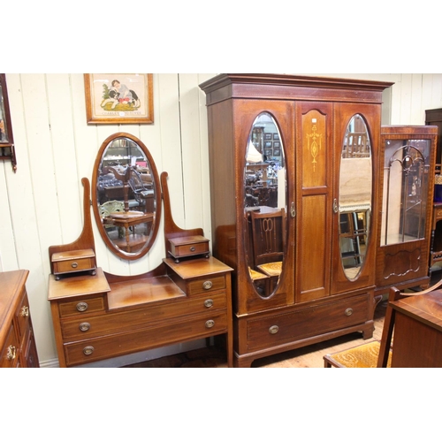 496 - Edwardian inlaid double oval mirror door wardrobe, dressing table and pair bedroom chairs, wardrobe ... 