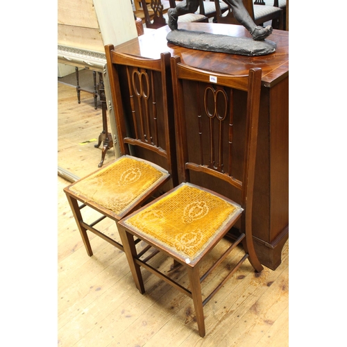 496 - Edwardian inlaid double oval mirror door wardrobe, dressing table and pair bedroom chairs, wardrobe ... 