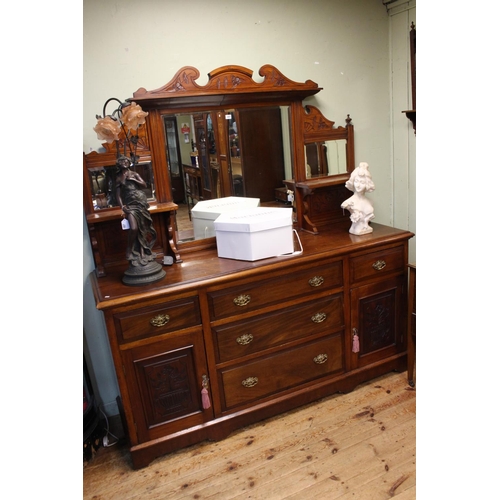 497 - Late Victorian walnut mirror back sideboard, 180cm by 52cm by 190cm.