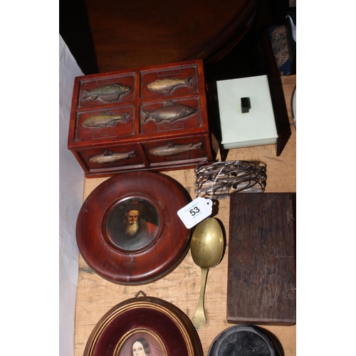 53 - Over twelve items of collectables including miniatures, travel inkwell and treen measure.