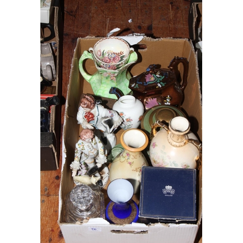 56 - Four boxes of mostly decorative china including briefly Masons Golden Azalea ginger jar and Maling g... 