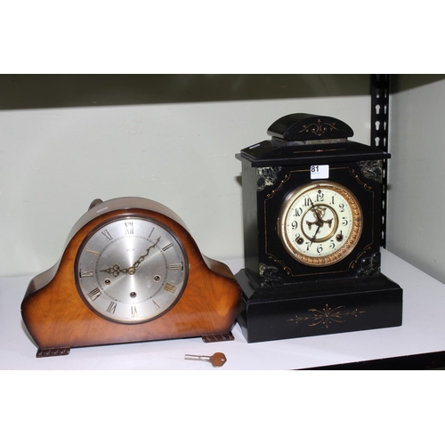 81 - Victorian slate and marble mantel clock and Smiths walnut mantel clock.