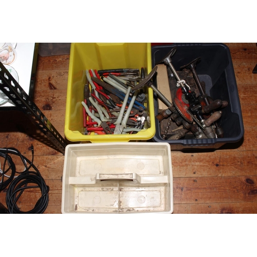 85 - Extensive collection of hand tools including brace and bits, assorted hammers and saws, boxes of spa... 