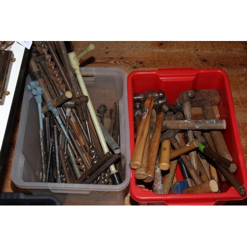 85 - Extensive collection of hand tools including brace and bits, assorted hammers and saws, boxes of spa... 