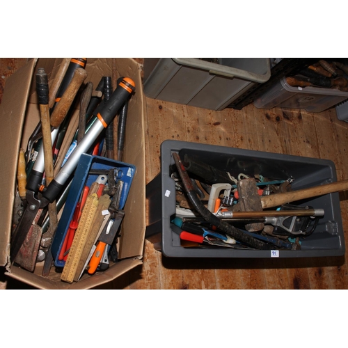 85 - Extensive collection of hand tools including brace and bits, assorted hammers and saws, boxes of spa... 